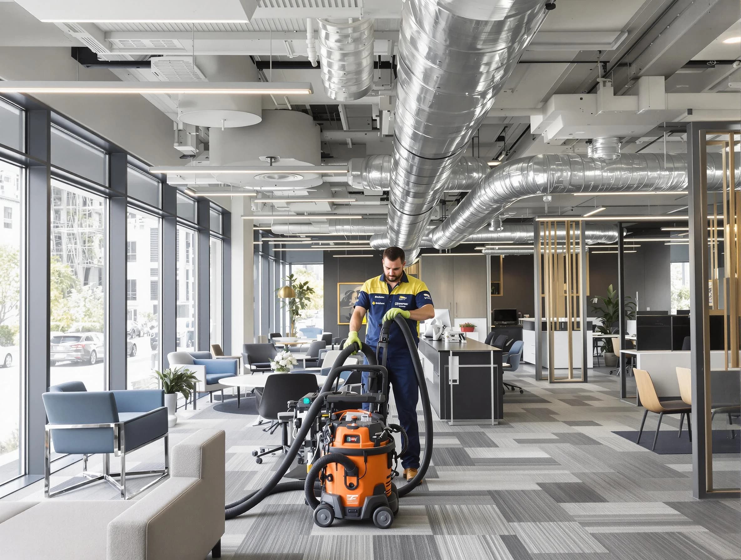 Candler-McAfee Air Duct Cleaning team performing thorough commercial duct cleaning at a Candler-McAfee business center