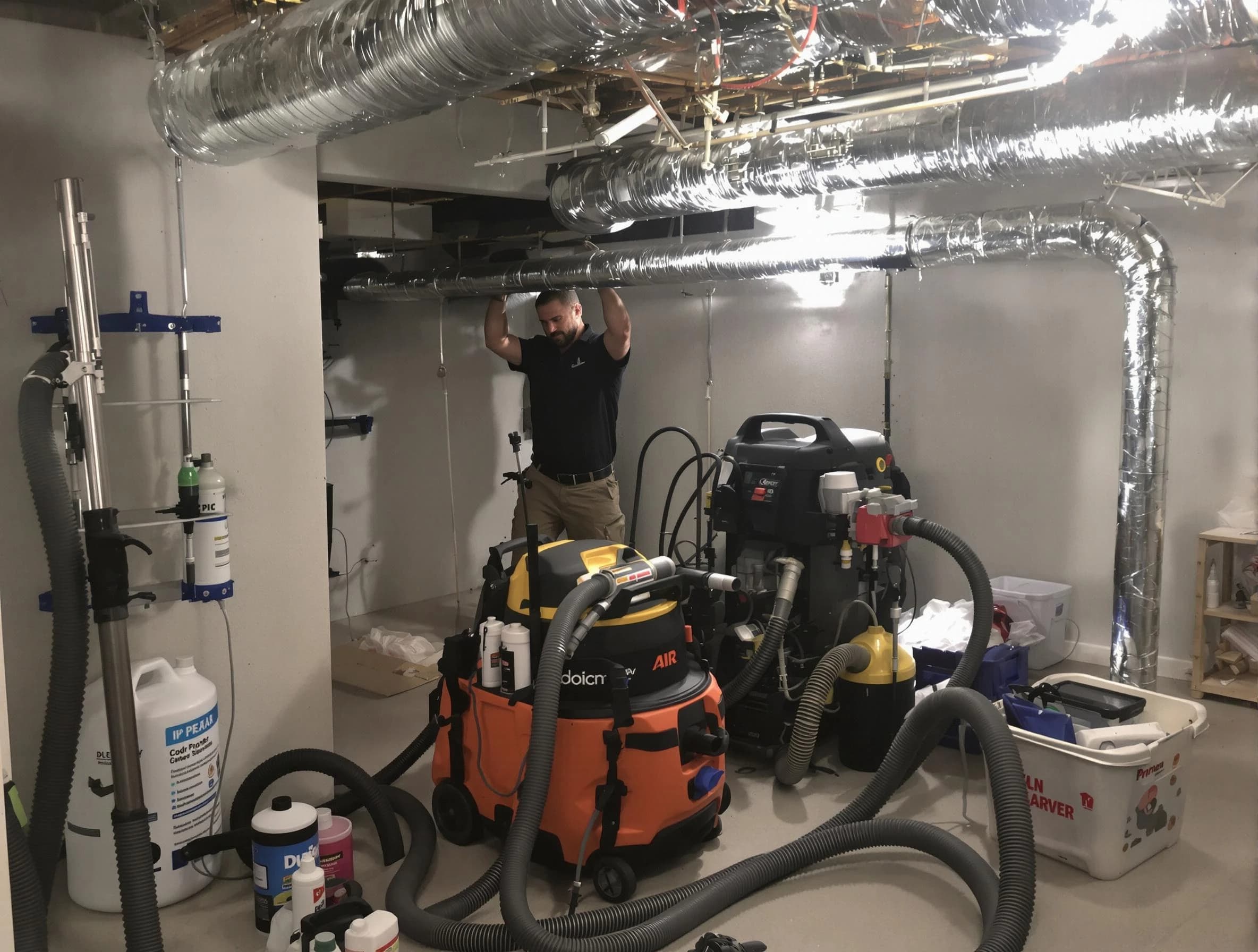 Candler-McAfee Air Duct Cleaning specialist performing professional mold removal from air ducts using safety equipment in Candler-McAfee